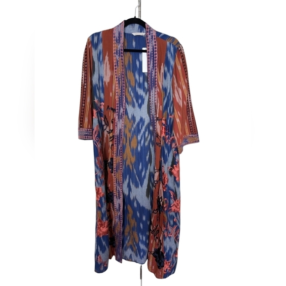 Soft Surroundings blue orange ikat embroidered duster kimono sz L NWT - Picture 1 of 9